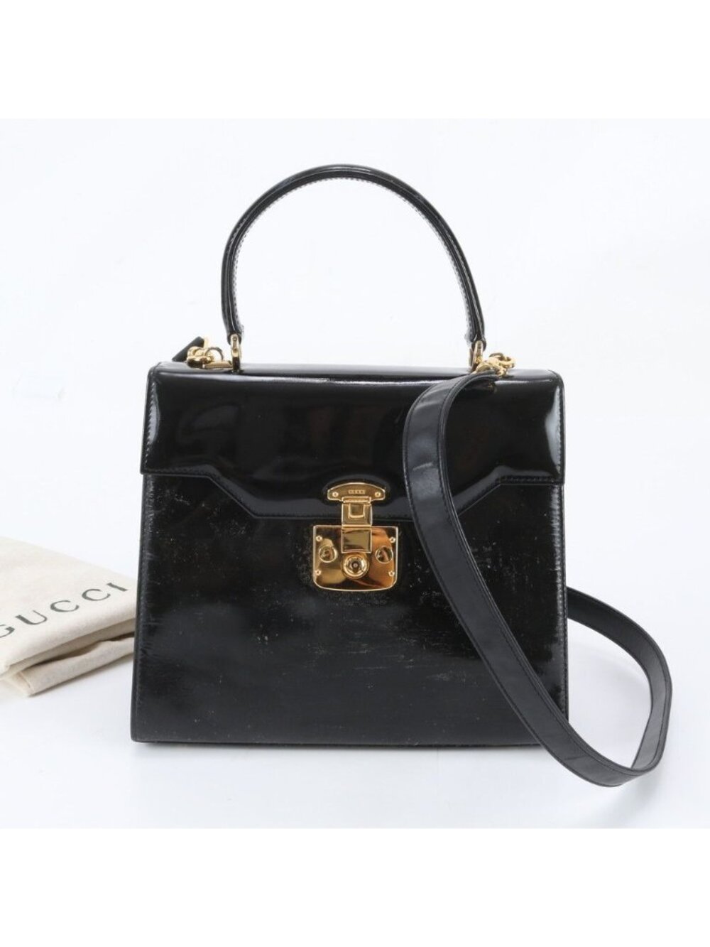 Gucci Ladylock Leather 2-Way Shoulder Bag Crossbody Hand Tote Black
